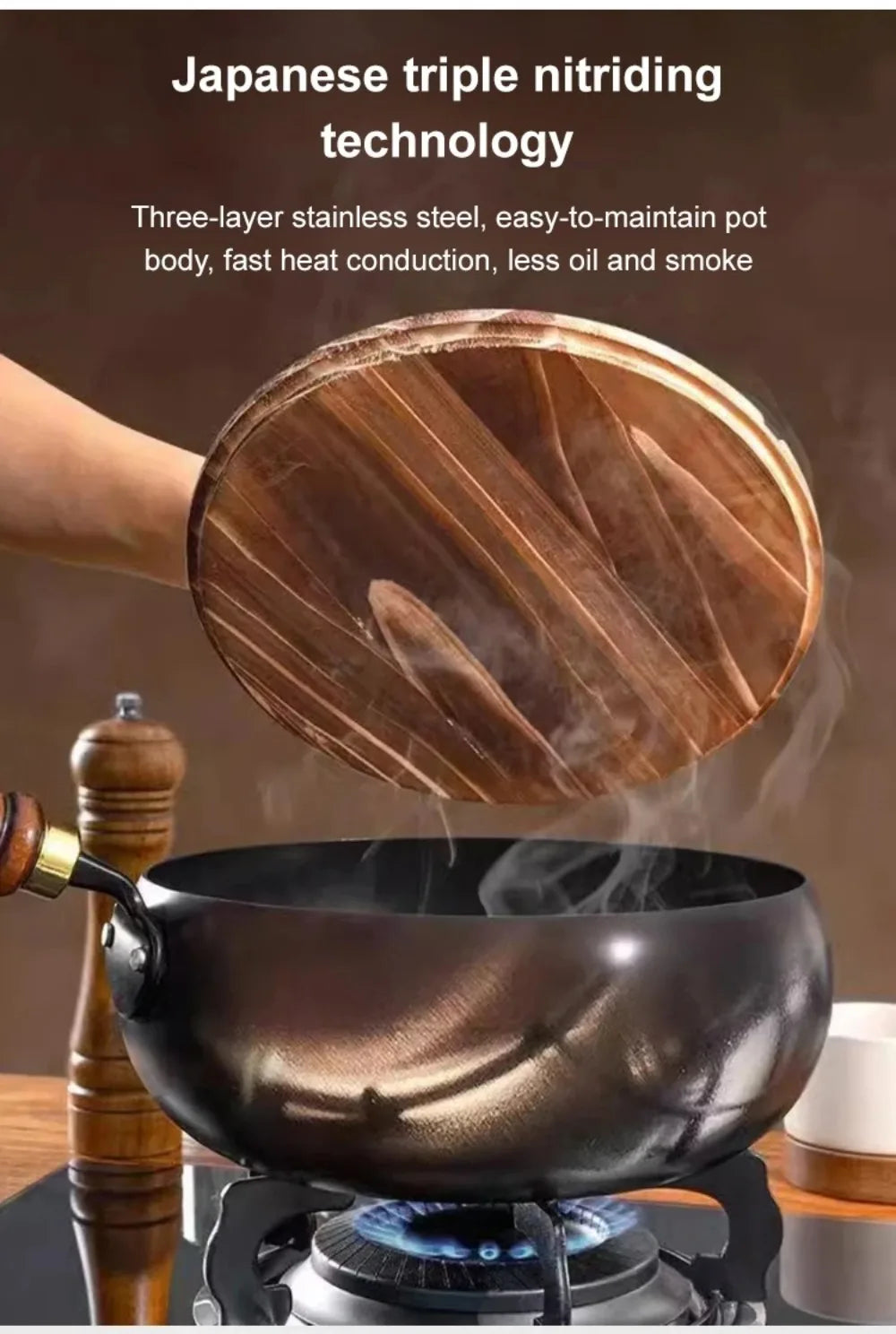 Healthy Hand Forging Cast Iron Pot NonStick Uncoated Frying Pan with Wooden Lid Chinese Wok Induction Cooker Gas