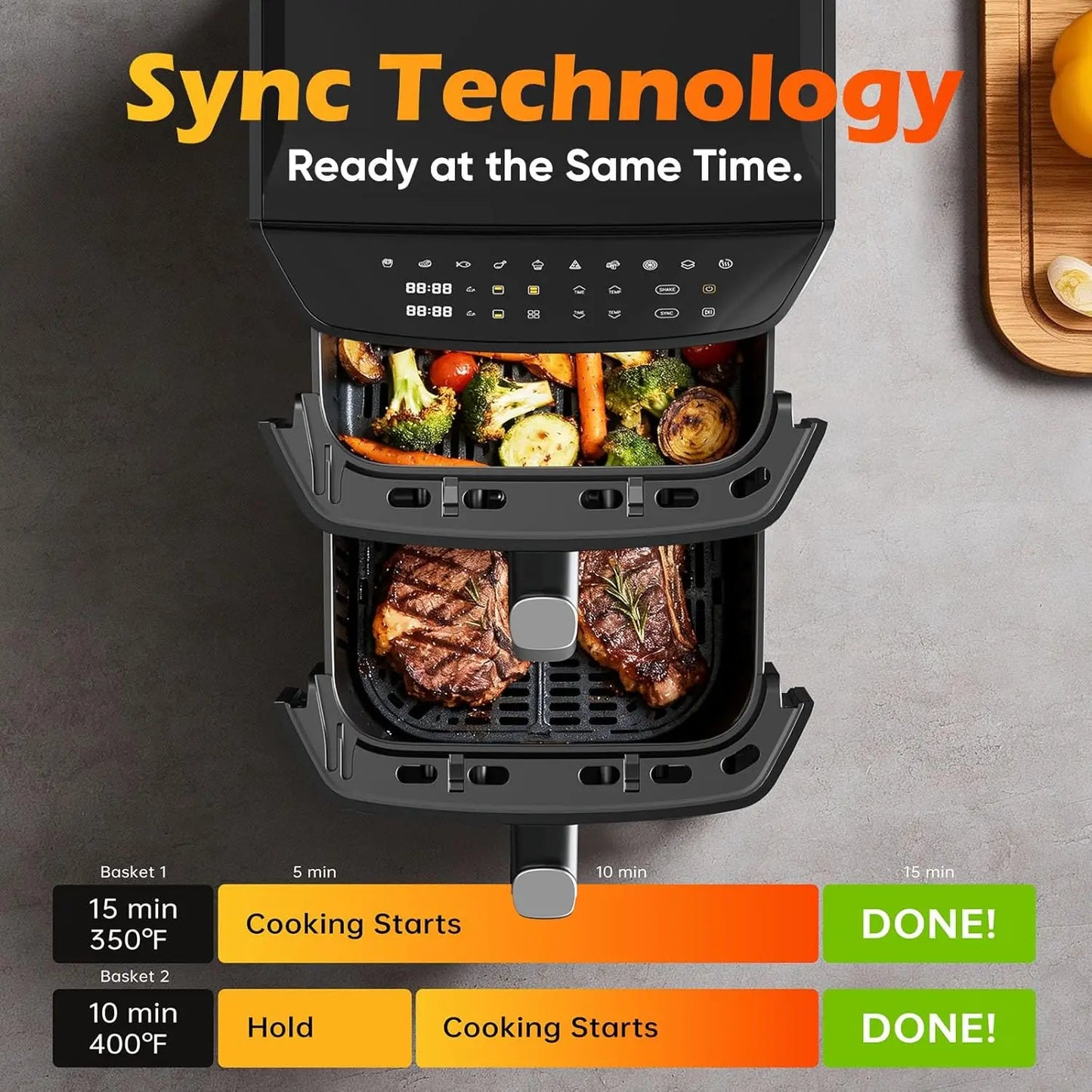 12.6QT Dual Basket Air Fryer, Family-Size for 10-12, XL Basket Fits 6LB Chicken, DoubleStack Compact, 10-in-1 with SyncFinish, Dishwasher-Safe