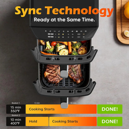 12.6QT Dual Basket Air Fryer, Family-Size for 10-12, XL Basket Fits 6LB Chicken, DoubleStack Compact, 10-in-1 with SyncFinish, Dishwasher-Safe