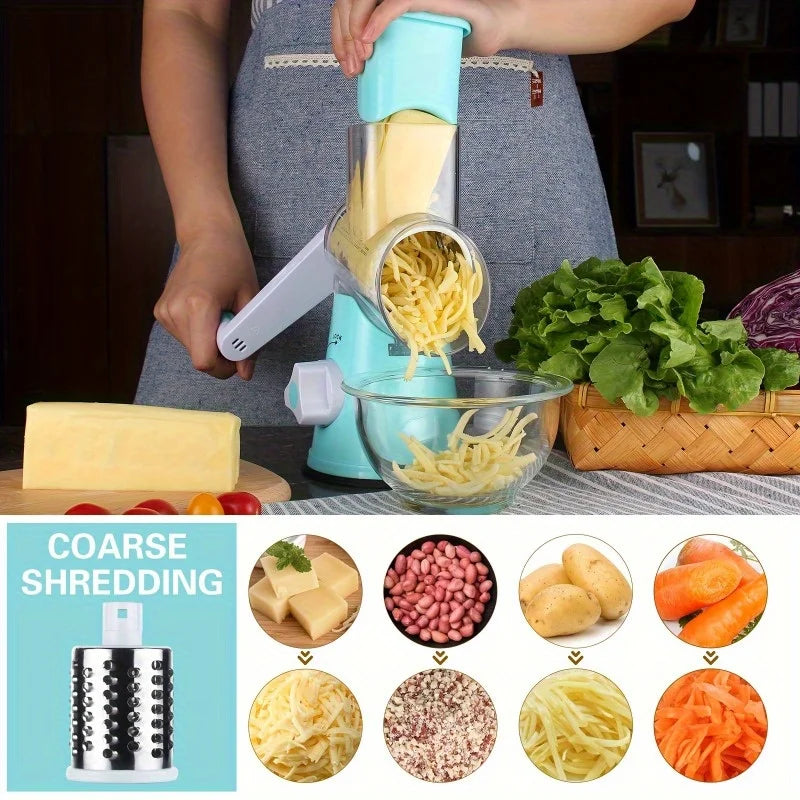 3-in-1 Rotary Cheese Grater & Vegetable Slicer - Food-Safe Plastic Kitchen Tool for Effortless Grating, Slicing - Easy Clean
