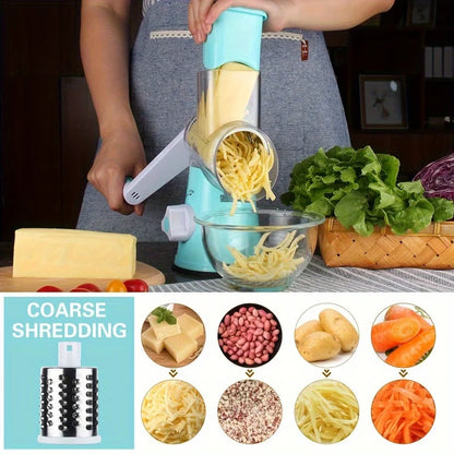 3-in-1 Rotary Cheese Grater & Vegetable Slicer - Food-Safe Plastic Kitchen Tool for Effortless Grating, Slicing - Easy Clean