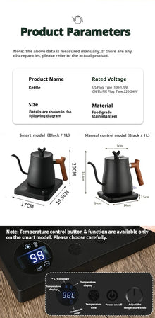 1L Stainless Steel Electric Kettle, Auto Shut-Off, for Pour-Over Coffee/Tea, Smart Temp Control & Mechanical Models