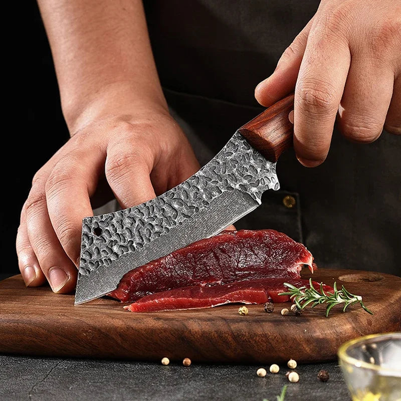 WXCOO Multifunctional Hand Forged Butcher Knife Kitchen Knife Durable Blade for BBQ Meat Cutting Boning Knife Wooden Handle
