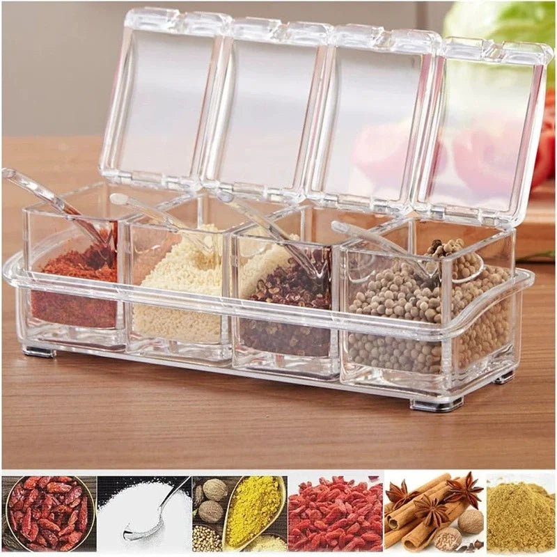 1PC Kitchen Spice Pot 4 Transparent Seasoning Boxes Storage Containers Seasoning Cans Acrylic Seasoning Boxes With Lids Spoons