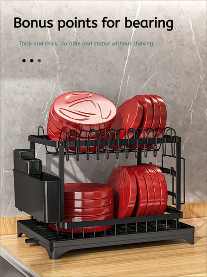 2 Tier Dish Drying Rack Kitchen Bowl Drainer Storage Rack Tableware Drain Chopsticks Knife Fork Water Cup Storage Holder 2 Tier