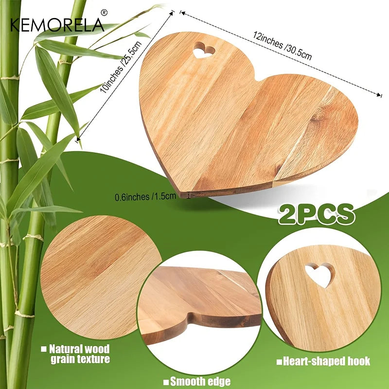 KEMORELA Heart-Shaped Acacia Wood Cutting Board 1/2PCS Food-Safe Bread Cheese Platter with Heart Cutouts Multi-Holiday