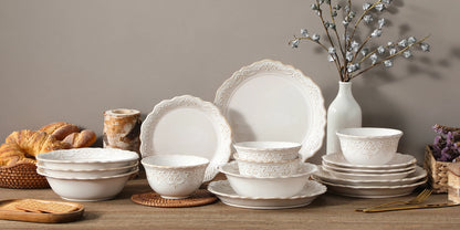 MALACASA 16/32 Piece Plates Dinner Sets Relief White Stoneware Dinnerware Set with 4 PCS Dinner Plate/Dessert/Cereal Bowl/Soup