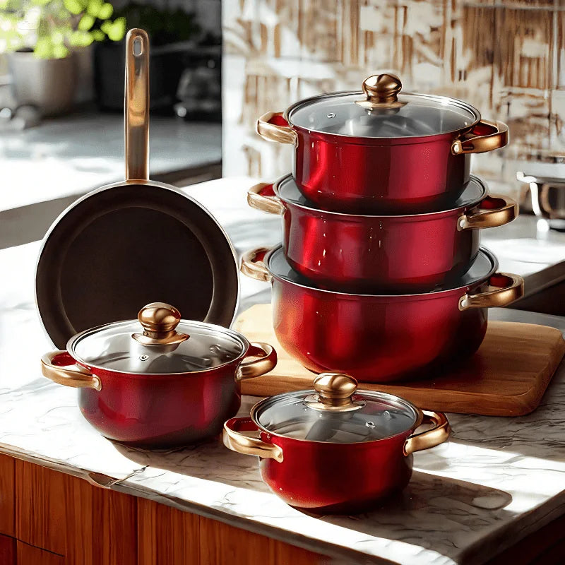 us12pcs Red Pot Set, Stainless Steel, Non-Stick Pan, Kitchen Cookware Set, Non-Stick Cooking Set, A Variety of Pots to Meet All Kitchen Needs, The Most Beautiful And Practical Gift for Mothersd