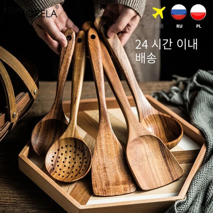 4/7/9PCS Wooden Spoons For Cooking Wooden Utensils For Cooking With Utensils Holder Teak Wooden Kitchen Utensils Set