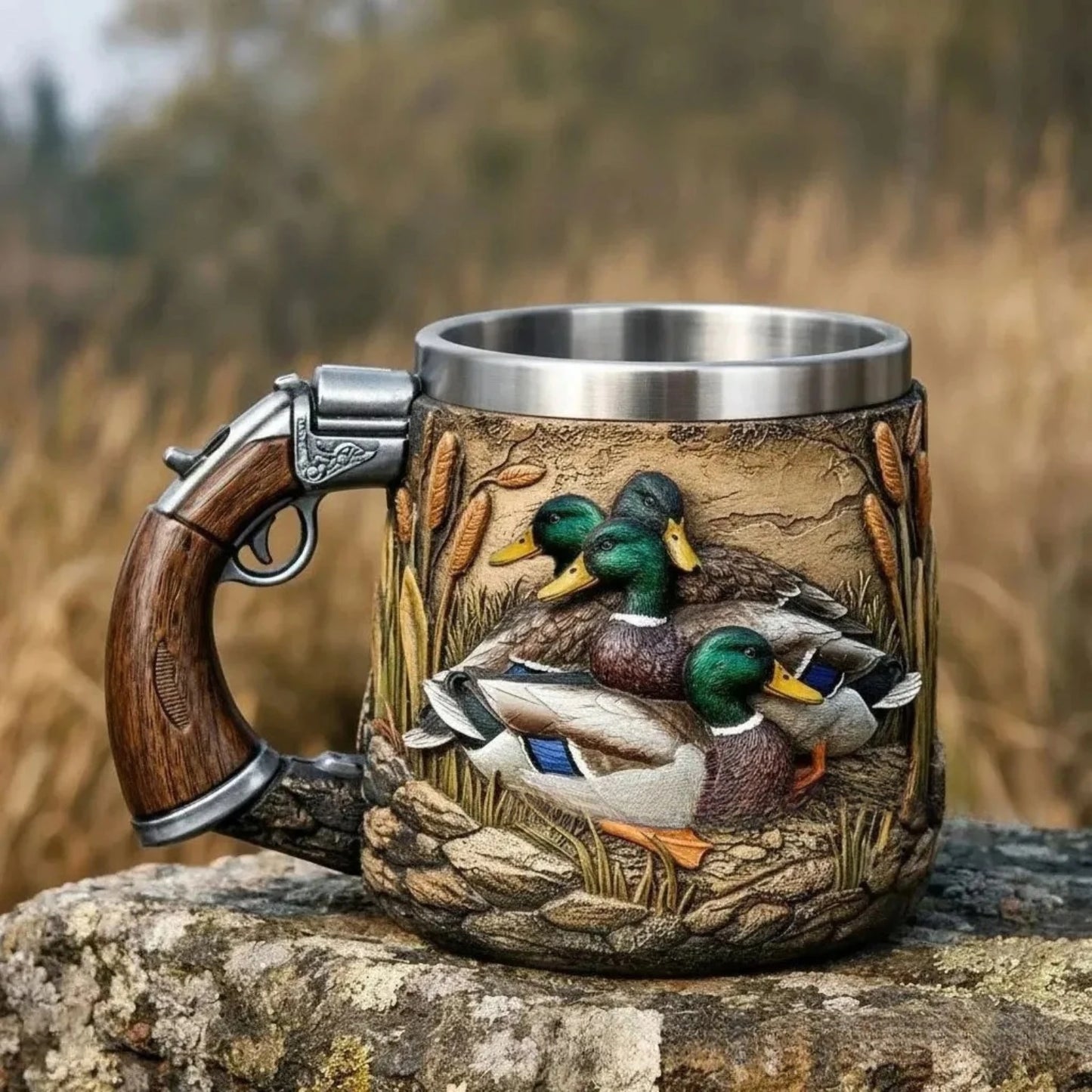 Stainless Resin Hunter Mug 3D Embossed Outdoor Sports Coffee Tea Cup Gift for Men Women Camping Fishing Daily Use Drinking Mug