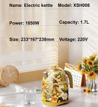 1700ml Retro Printed Electric Kettle Household 304 Stainless Steel Boil Kettle Automatic Power Off Teapot Kitchen Tool 1850W