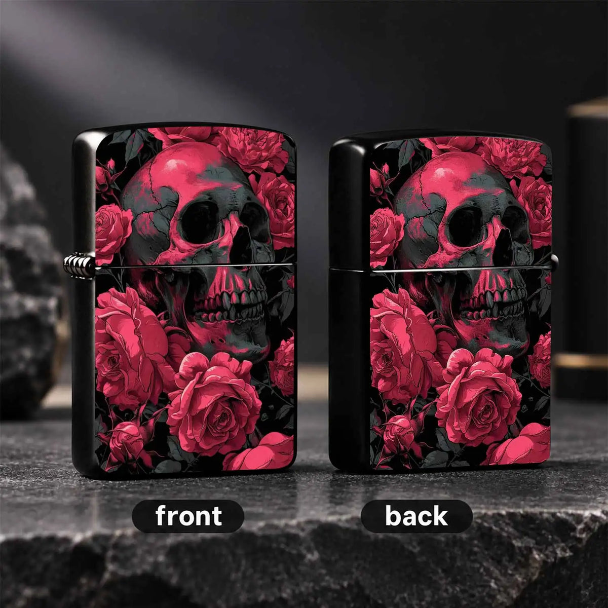 Vibrant Rose Red Skull Rose Pattern Lighter, Punk Aesthetic Solid Durable Housing PORTABLE Lighter for Outdoor Camping Daily Use, Creative Exquisite Practical Gift for Smokers Friends Halloween Gothic A Fun and Humorous Light