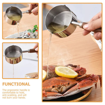 250Ml Stainless Steel Sauce Pan with Wood Handle Melting Bowl for Butter Chocolate Milk Oil Pour Spout Ergonomic Anti Scald