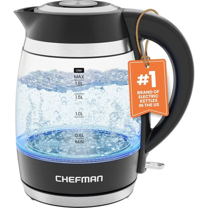 1.8L 1500W Stainless Steel Electric Kettle with Removable Lid, Auto-Off, Boil-Dry Protection, BPA-Free Filter, Borosilicate Glas