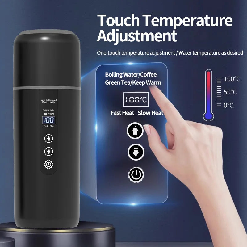 LED Digital Display Electric Heating Bottle Boil Water Mini Heated Kettle Car 12V 24V Travel 4 Gear Thermostatic Keep Warm Cup