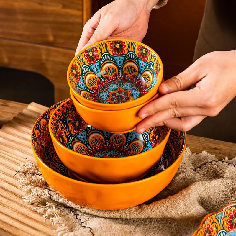 Bohemia Ceramic Rice Bowl Serving Plate Creative Ceramic Cutlery Soup Noodle Bowl Household Handle Bowl Sauce Dish