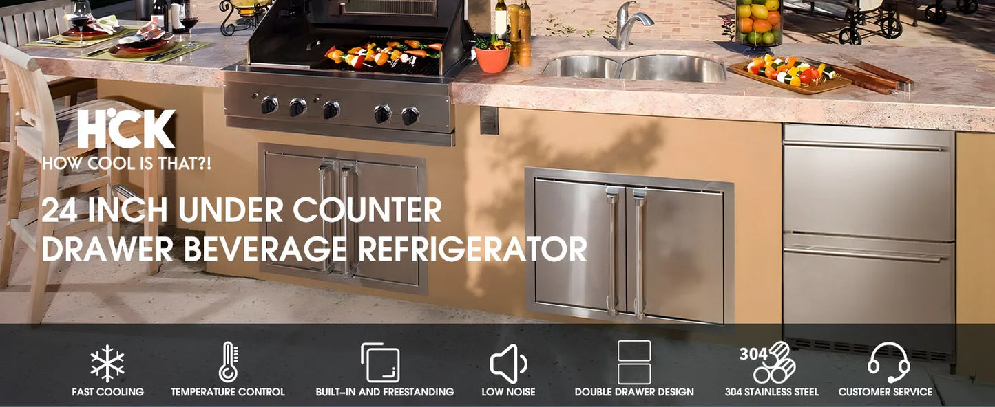 HCK 24 Inch Under Counter Refrigerator, Outdoor Refrigerator with Double Drawer for Patio & Kitchen, Weatherproof Outdoor Fridge