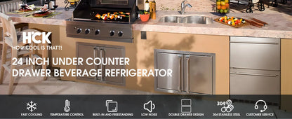 HCK 24 Inch Under Counter Refrigerator, Outdoor Refrigerator with Double Drawer for Patio & Kitchen, Weatherproof Outdoor Fridge