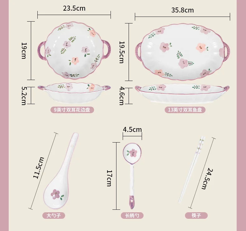 Flower, Underglaze Color, Ceramic Tableware, Bowl and Plate Combination