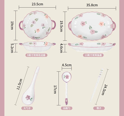 Flower, Underglaze Color, Ceramic Tableware, Bowl and Plate Combination