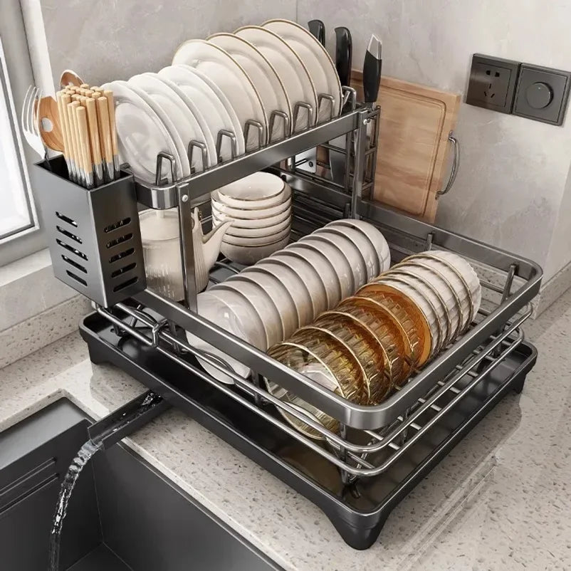 Adjustable Stainless Steel Dish Drying Rack with Drain Board – Over-Sink Plate Holder & Kitchen Storage Organizer