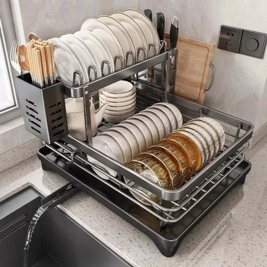 Adjustable Stainless Steel Dish Drying Rack with Drain Board – Over-Sink Plate Holder & Kitchen Storage Organizer