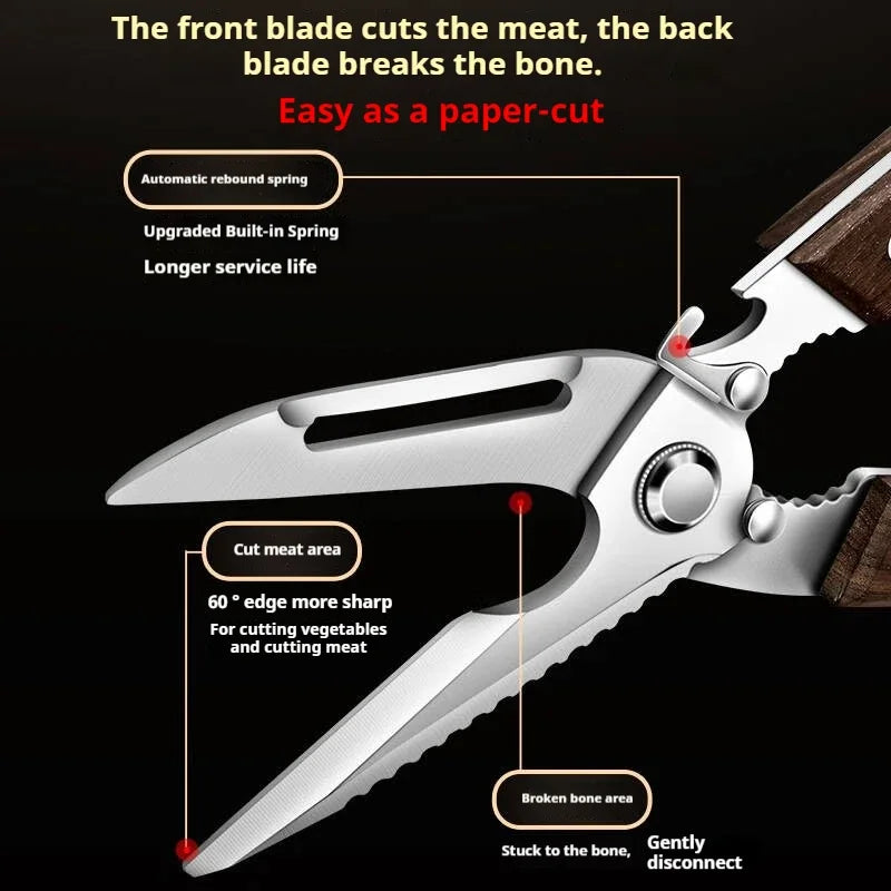 Premium Kitchen Scissors Wooden handle Stainless Steel powerful Chicken Scissors Bone Cutting Scissors Tool