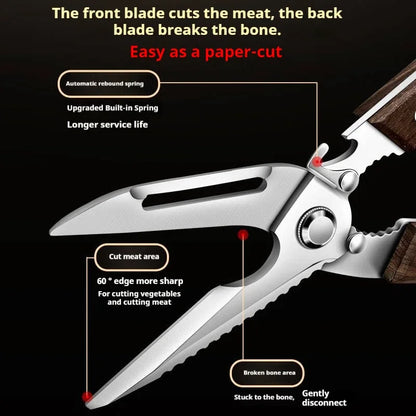 Premium Kitchen Scissors Wooden handle Stainless Steel powerful Chicken Scissors Bone Cutting Scissors Tool