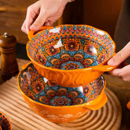 Bohemia Ceramic Rice Bowl Serving Plate Creative Ceramic Cutlery Soup Noodle Bowl Household Handle Bowl Sauce Dish