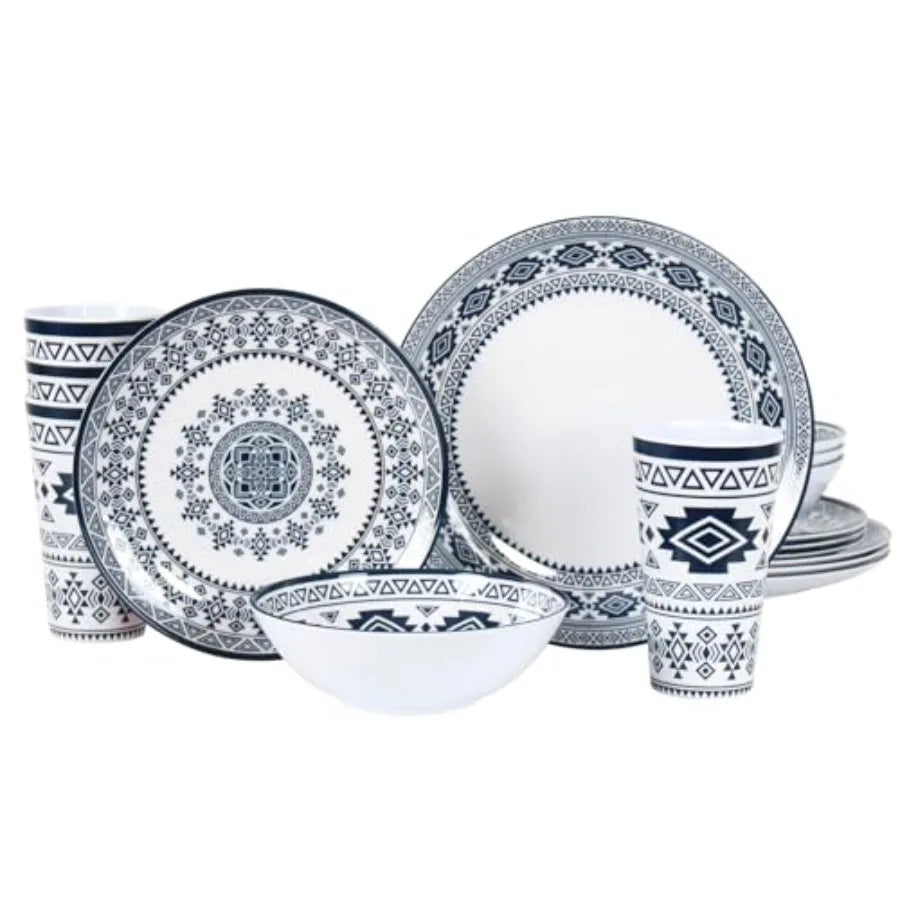 Melamine Dinnerware Set for 4-16 Pcs:Camping Dishes Set with Dinner PlatesSalad Plates Bowls and Cups.Lightweight and Unbreakab