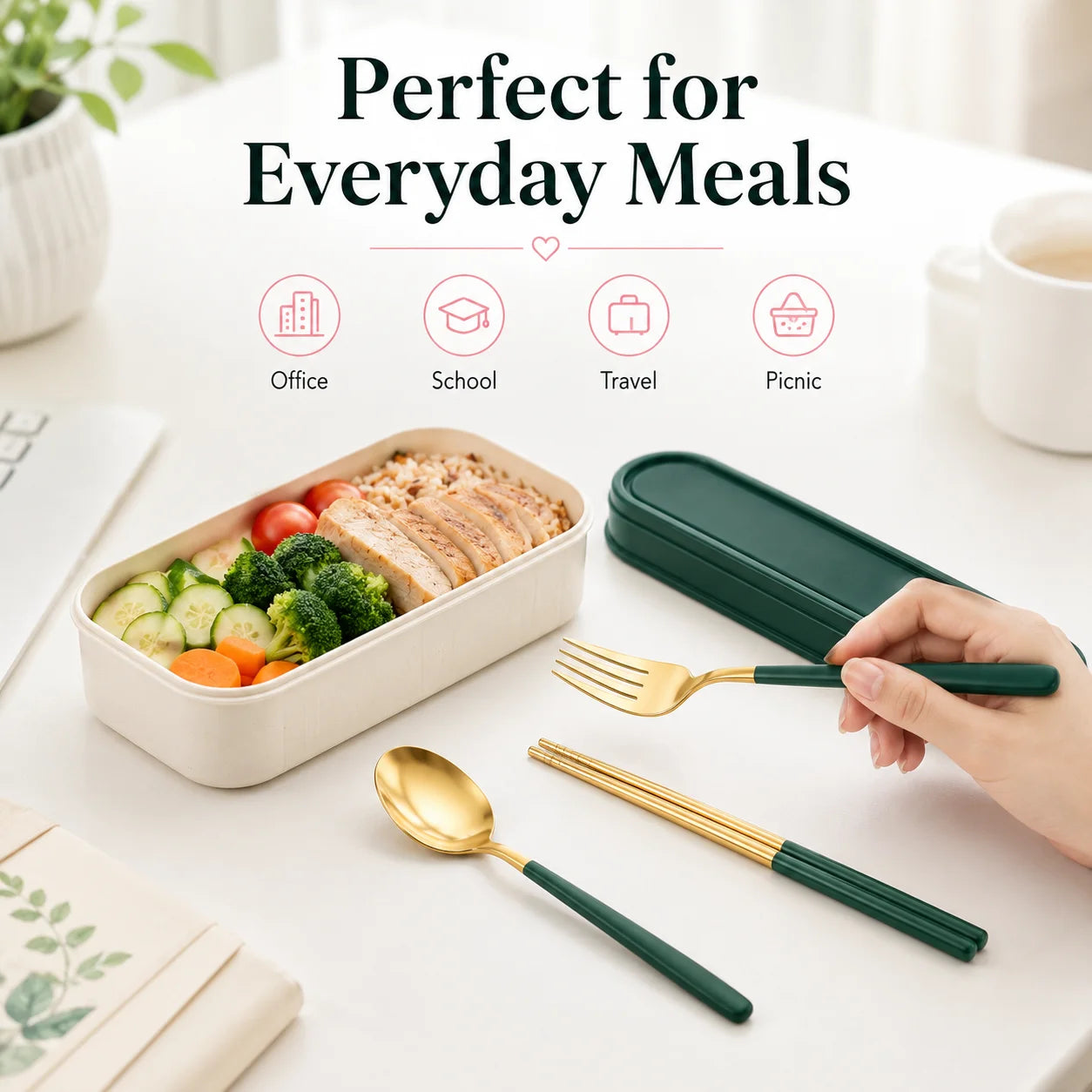 3PCS Portable Stainless Steel Cutlery Set with Case, Green Gold Reusable Spoon Fork Chopsticks Travel Tableware Set for Office School Camping Picnic