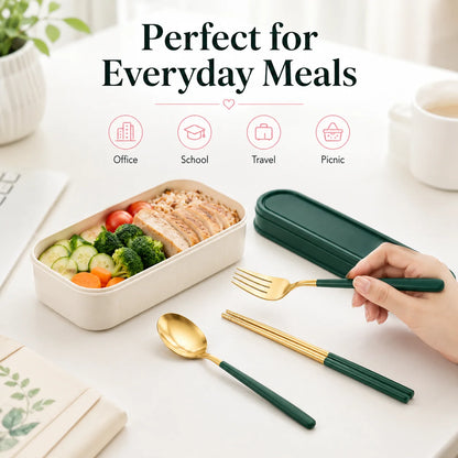3PCS Portable Stainless Steel Cutlery Set with Case, Green Gold Reusable Spoon Fork Chopsticks Travel Tableware Set for Office School Camping Picnic