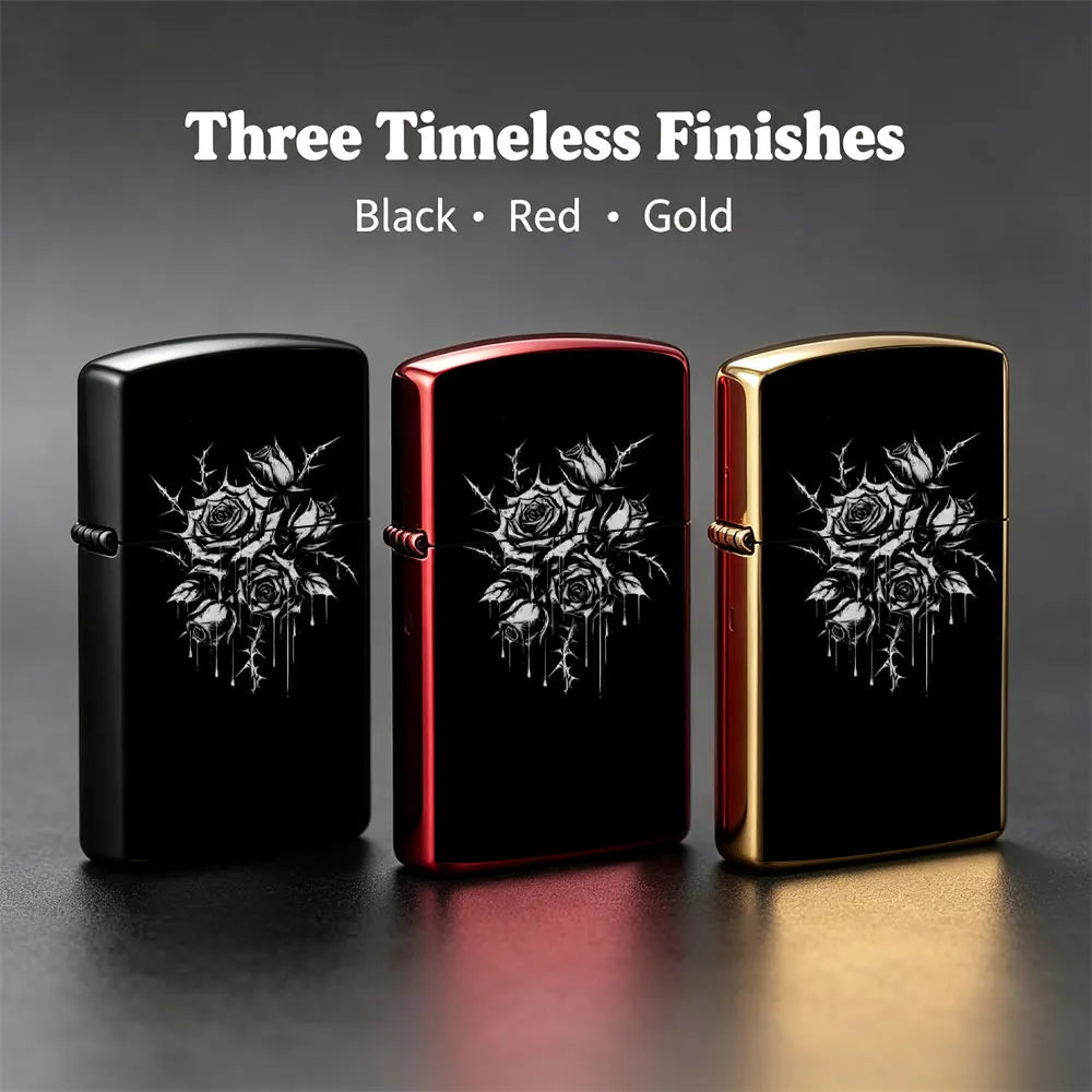 Pocket Lighter, Flip-Top Windproof Design, Metal Case with Black & White Rose Print Art, Comfortable Grip, Adjustable Flame, Portable & Durable - Ideal Gift for Smokers