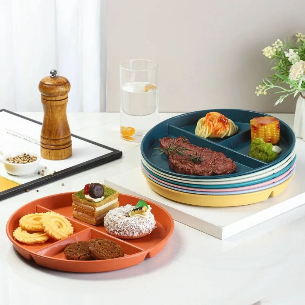 Three-Compartments Divided Plate Eco-Friendly Wheat Straw Reusable Children Dishes Anti-fall Plastic Kitchen Dinnerware Plates