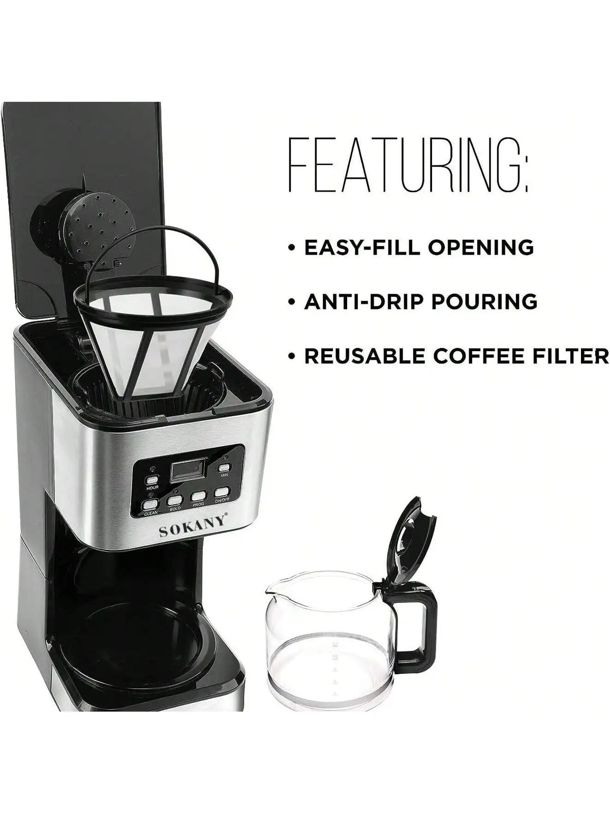 SOKANY Programmable Drip Coffee Maker 12 Cup With 24H Timer Strong Brew LCD Display Keep Warm Auto Shut Off for Home Kitchen