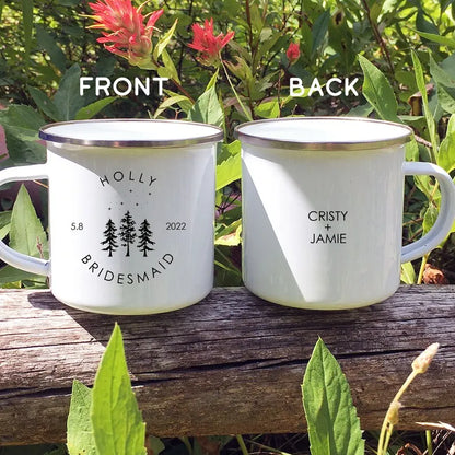 Personalized Bridesmaid Enamel Camping Mug Custom Name Date Bridal Party Coffee Cup Maid of Honor Gift Wedding Campfire Cups
