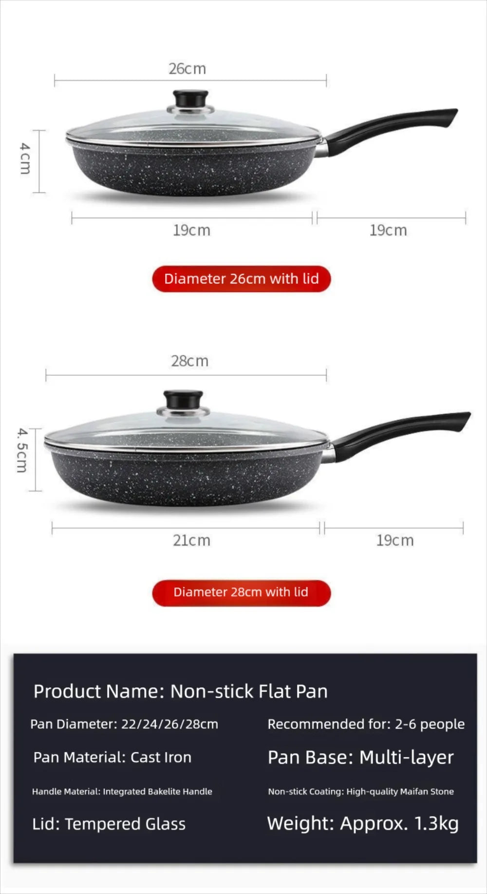 22/24/26/28cm Steak Frying Pan with Glass Lid Stone Skillet Cookware Muliti-Purpose NonStick Kitchen Cooking Tools