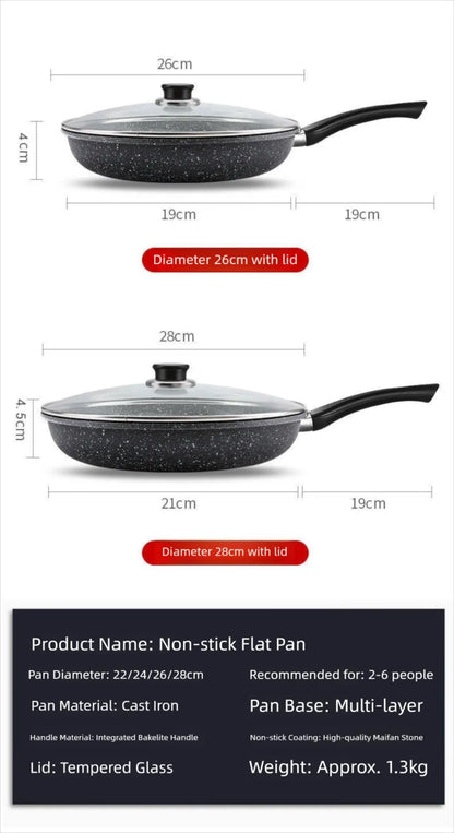 22/24/26/28cm Steak Frying Pan with Glass Lid Stone Skillet Cookware Muliti-Purpose NonStick Kitchen Cooking Tools