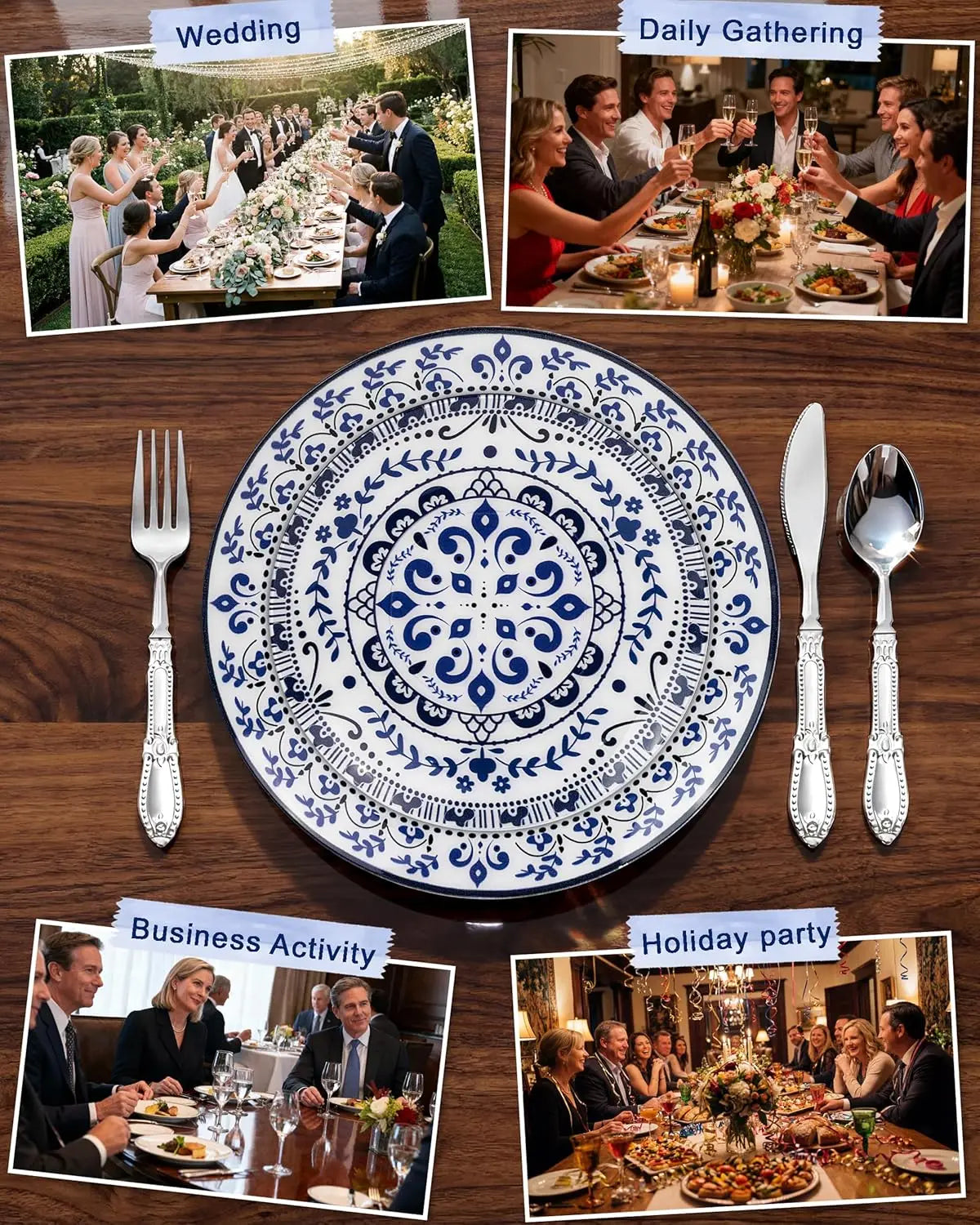 175PCS Blue Plastic Plates - Floral Disposable Dinnerware Set for 25 Guests, Include 50 Dinner & Dessert Plates, 75 Silver Cu