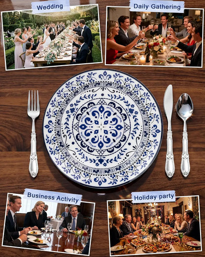 175PCS Blue Plastic Plates - Floral Disposable Dinnerware Set for 25 Guests, Include 50 Dinner & Dessert Plates, 75 Silver Cu