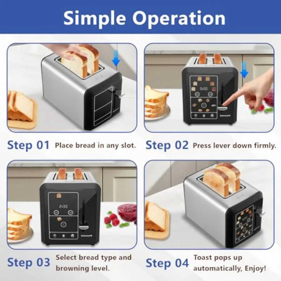 Touch Screen Toaster 2 Slice Smart Digital Toasters 6 Browning Levels and 6 Bread Types Bagel Memory Function Timer Stainless S