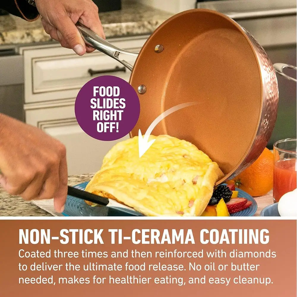 3-Piece Nonstick Copper Pan Set: 8, 10, 12 Skillets, Omelet Pan, Dishwasher Safe, Cool Touch Handles