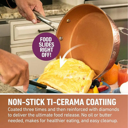 3-Piece Nonstick Copper Pan Set: 8, 10, 12 Skillets, Omelet Pan, Dishwasher Safe, Cool Touch Handles