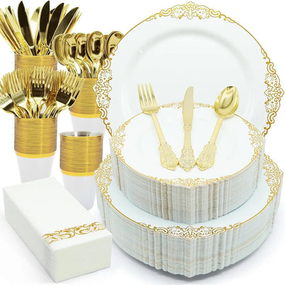 175PCS Gold Plastic Plates for Party Supplies Dinnerware Sets for 25 Guests, Vintage Disposable Plastic Party Plates Cups Spo