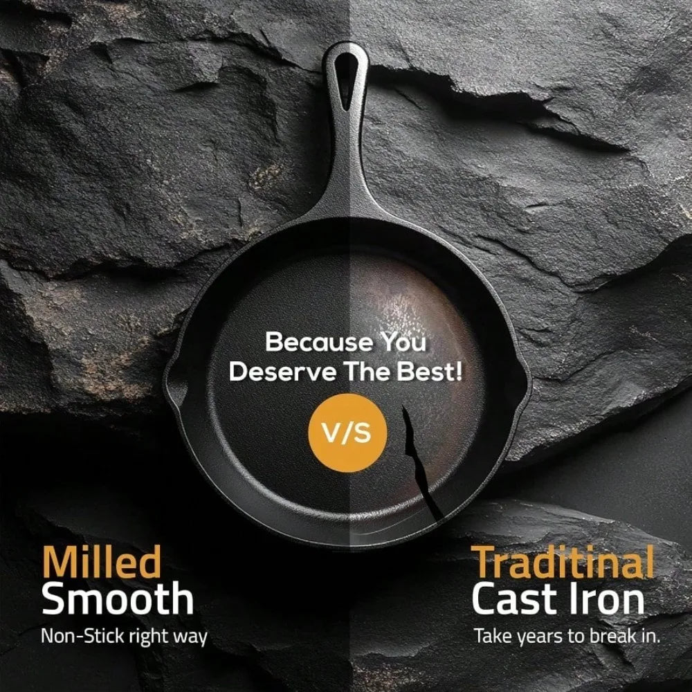 3-Piece Cast Iron Skillet Set – Pre-Seasoned Chefs Pans for Oven, Stove, Grill, or Campfire, Black