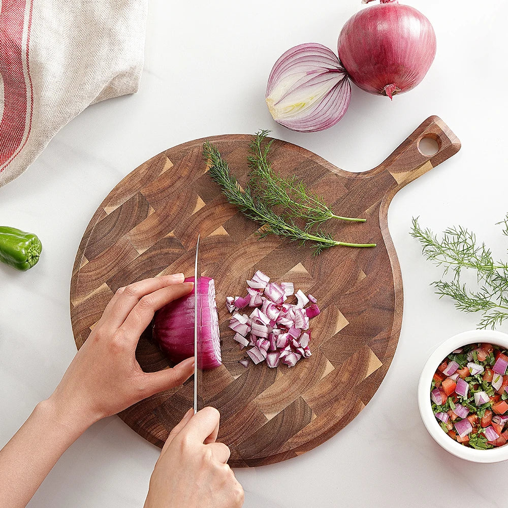 XINZUO Acacia End Grain Cutting Board 42.5x32cm Seamless, Ergonomic Handle Acacia Wood Surface for Heavy-Duty Meat & Vegetable