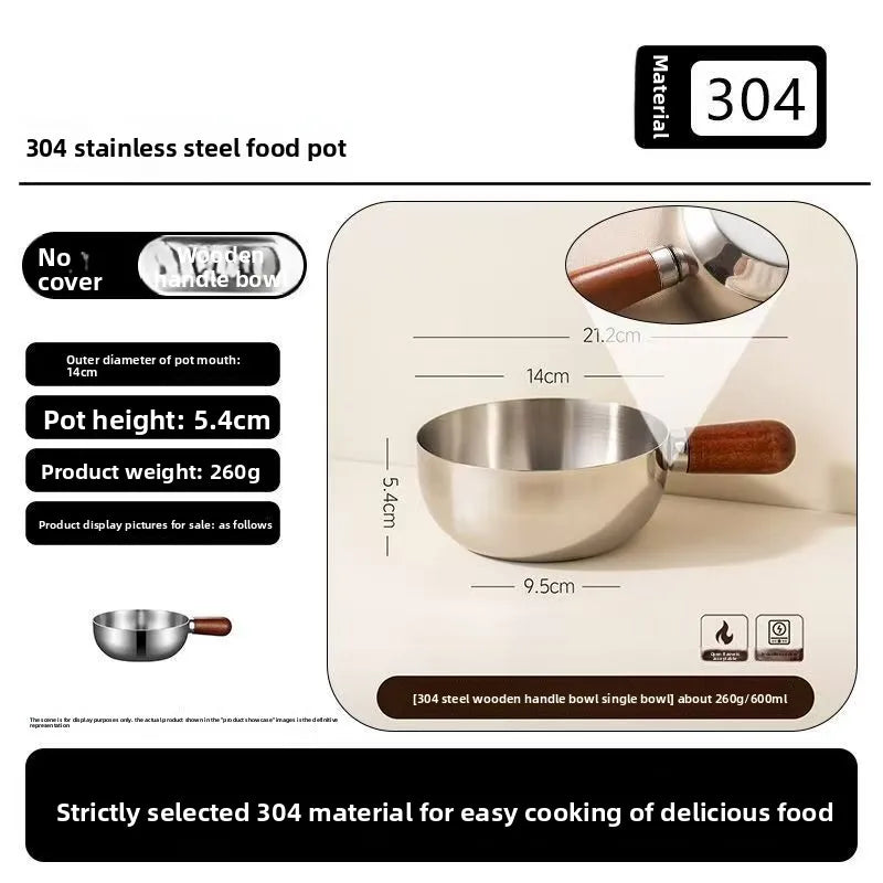 14cm Mini Pot for Camping Dorm Kitchen Stainless Steel Saucepan with Wood Handle, Portable Cookware New