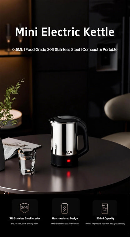 Mini Electric Kettle Tea Coffee Stainless Steel 1000W Portable Travel Water Boiler Pot 0.5L For Hotel Family Trip