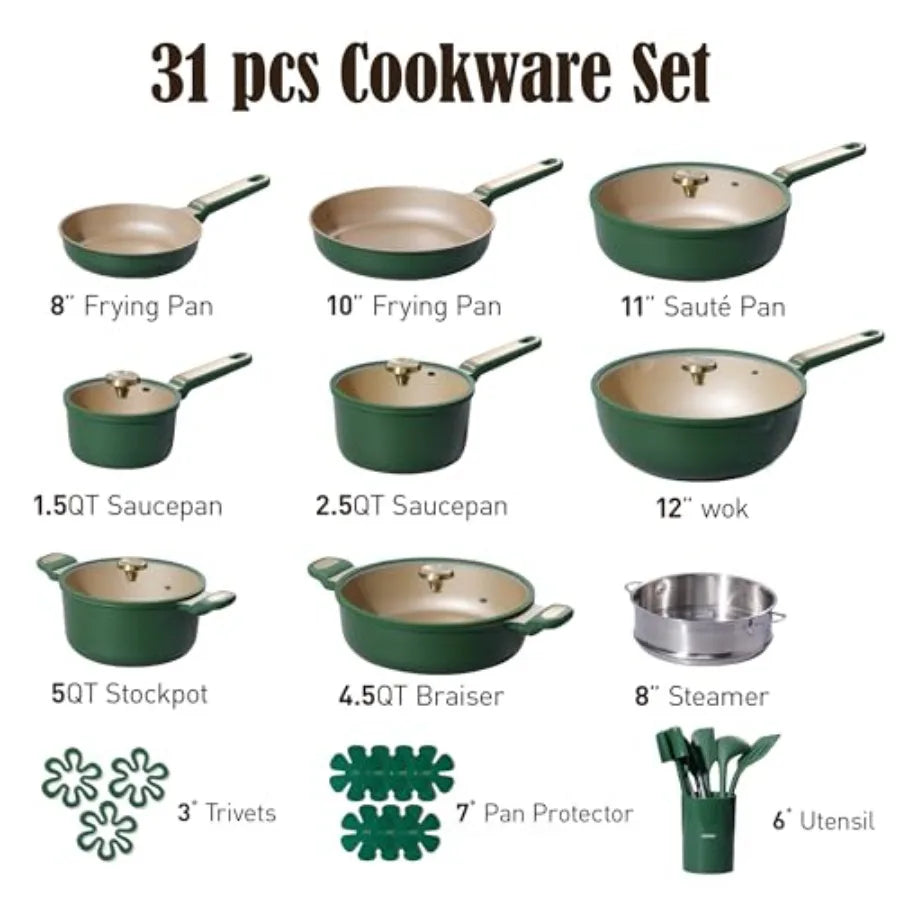 Pots and Pans Set Non stick, Cookware Set, 31pcs NonStick Kitchen Set Induction Cookware Non-toxic Cooking Set, Green