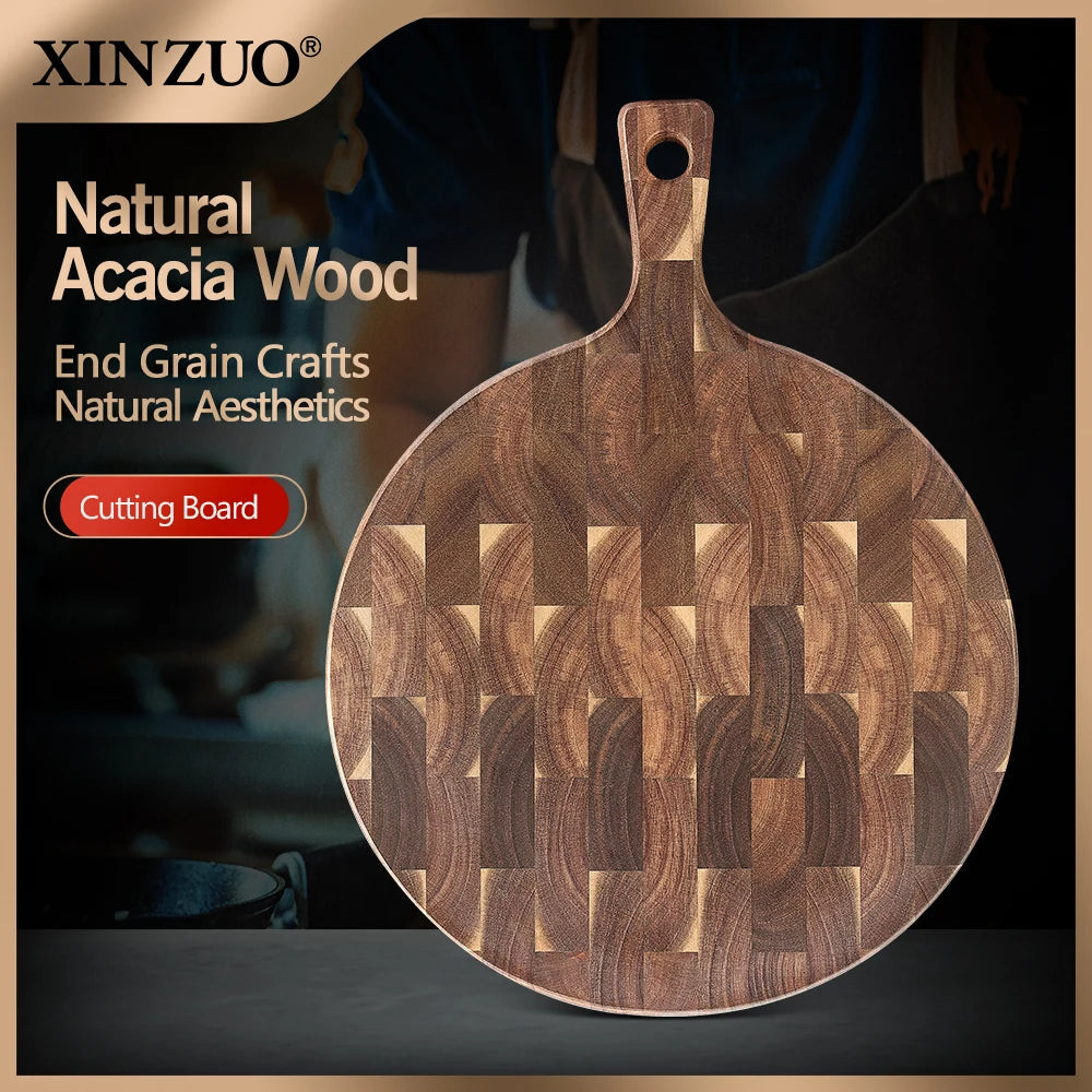 XINZUO Acacia End Grain Cutting Board 42.5x32cm Seamless, Ergonomic Handle Acacia Wood Surface for Heavy-Duty Meat & Vegetable